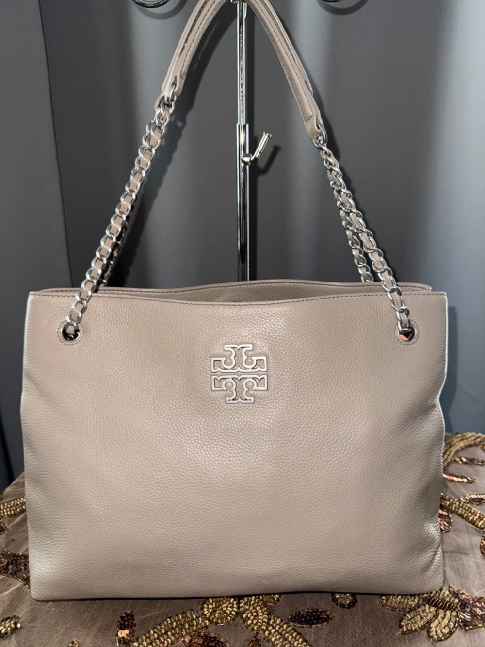 Tory Burch Pebbled Leather Shoulder Bag in Taupe Gray with Silver Chain Straps